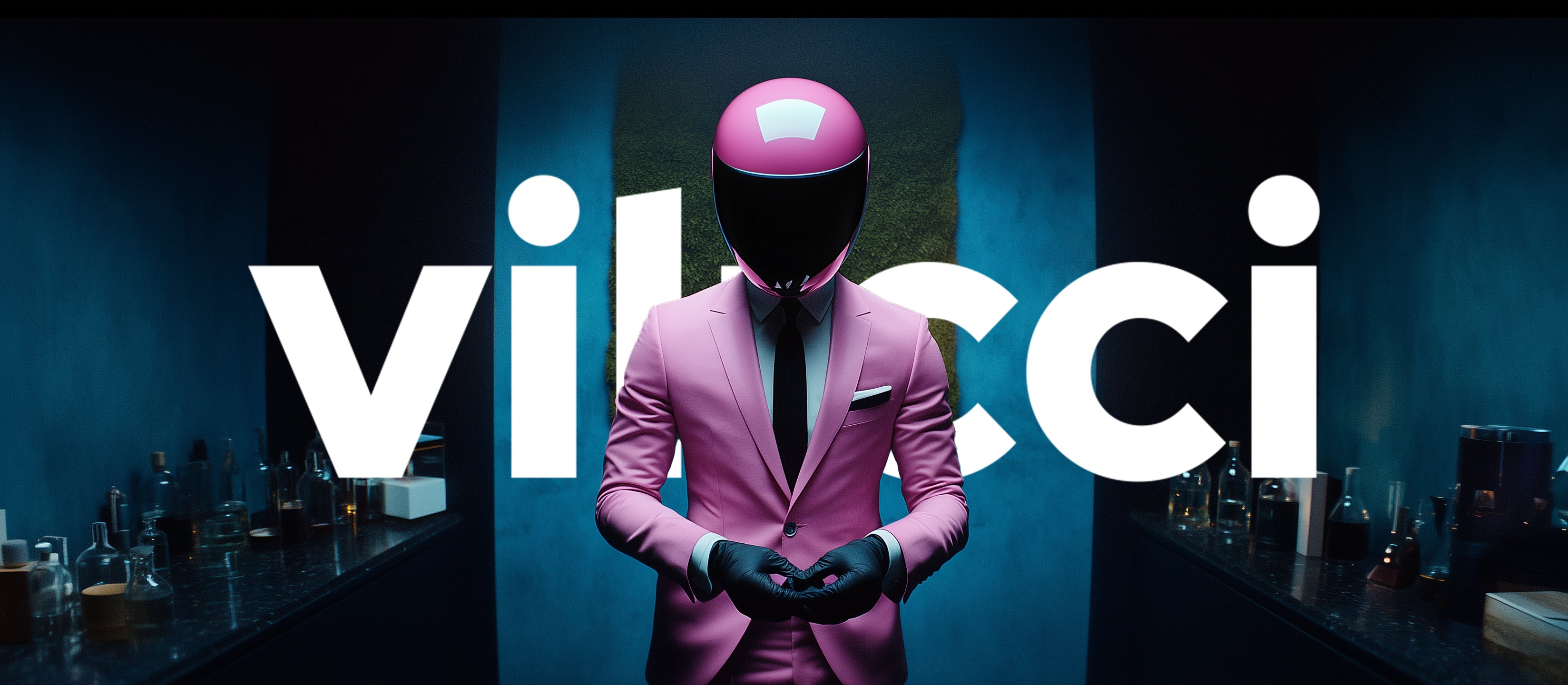 Mr. Licci standing in a fragrance lab with the Vilicci logo displayed behind him

