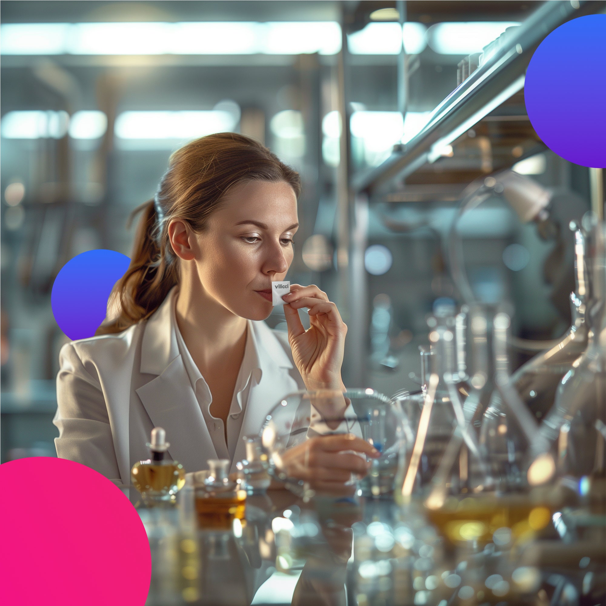 Vilicci perfumer evaluating a fragrance sample in a lab surrounded by glassware and essential oils

