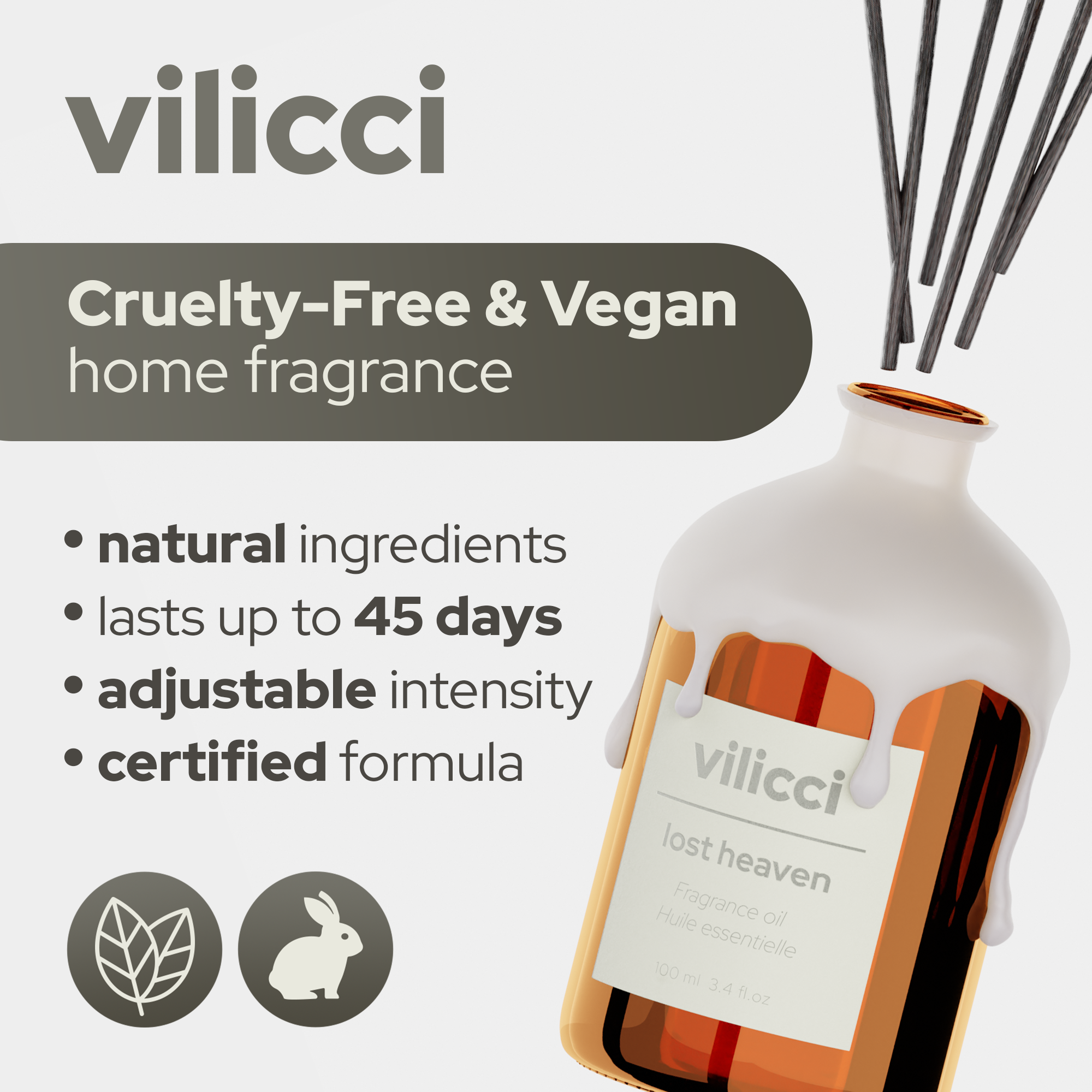 Vilicci Lost Heaven home fragrance with clean ingredients, cruelty-free and vegan certification, adjustable intensity, and long-lasting formula

